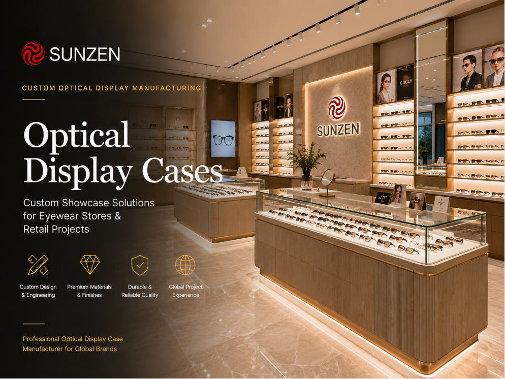 Custom optical display cases manufactured by SUNZEN for eyewear stores and retail projects
